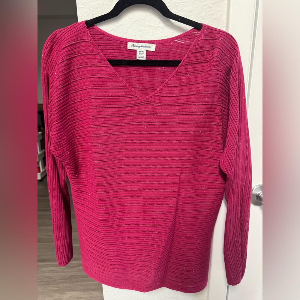 Tommy Bahama Pink V-Neck Sweater with Ribbed Texture